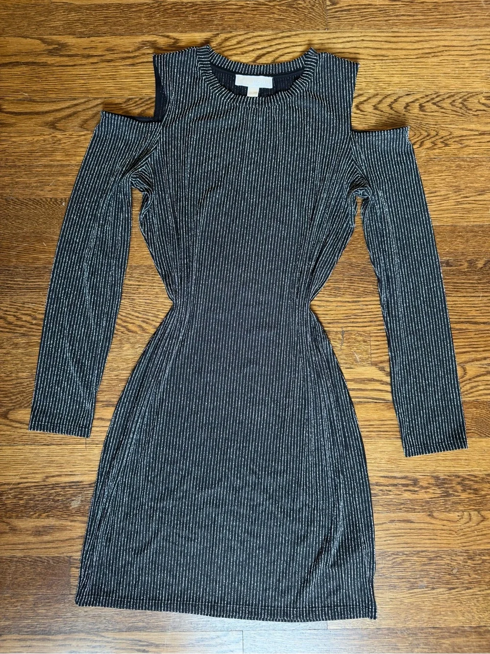 Michael Kors Black and Silver Metallic Striped Cold-Shoulder Ribbed Dress
